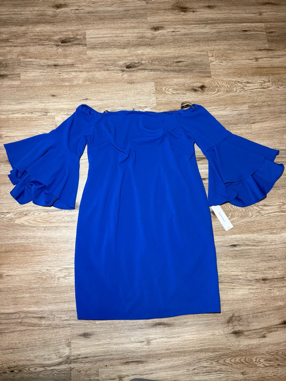 Calvin Klein Cobalt Blue Off-Shoulder Bell-Sleeve Mini Dress
